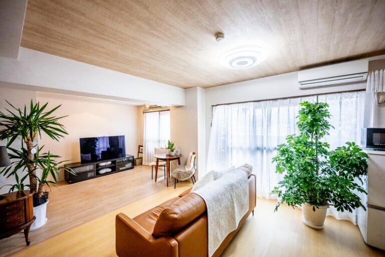 マンションの間仕切り壁を壊して寝室とリビングを広げた事例。天井は木目クロス、観葉植物が置かれている