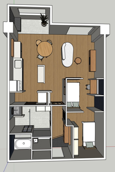 工事後図面。和室を取り払って1LDK+大きなWICに。