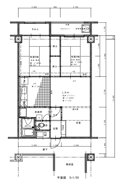 工事前図面。和室が2部屋の2LDKの間取りでした。